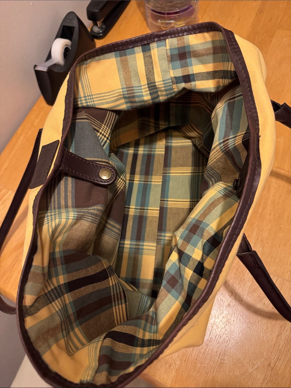 Canvas Tote Bag with Dark Brown Trim - Yellow - Picture 3 of 5